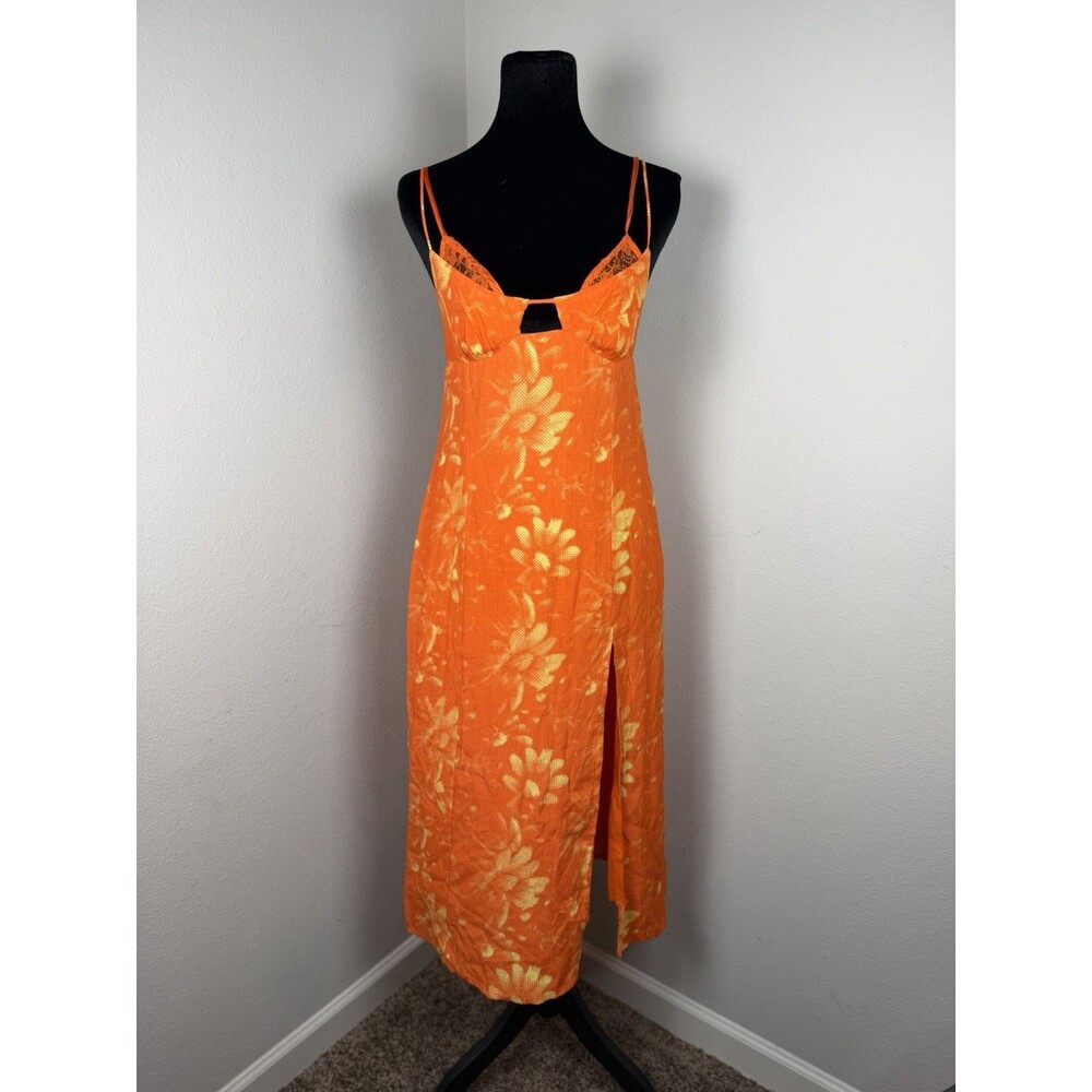 Urban Outfitters Size Small Orange Floral Lace Trim Leg Slit Midi Dress Travel
